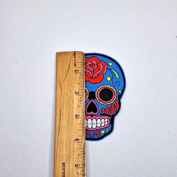 Blue red and pink sugar skulls iron on patch dia de los muertos diy wearable art - Picture 3 of 3